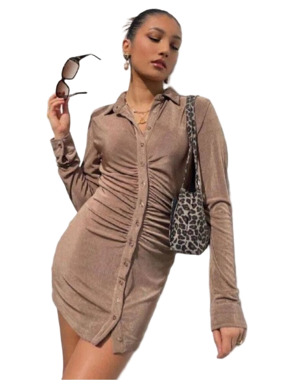 With Jean Latte Velvet Ruched Button-Front Long Sleeve Mini Dress, Size S